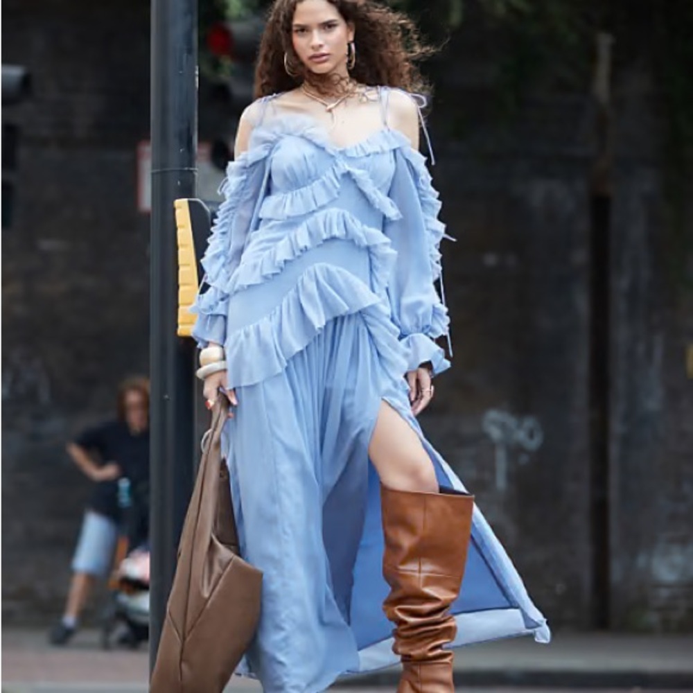 ASOS Light Blue Ruffle Long Sleeve Dress - Picture 2 of 7